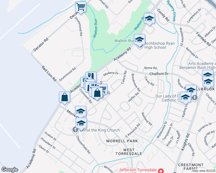 map of restaurants, bars, coffee shops, grocery stores, and more near 10835 Harrow Road in Philadelphia