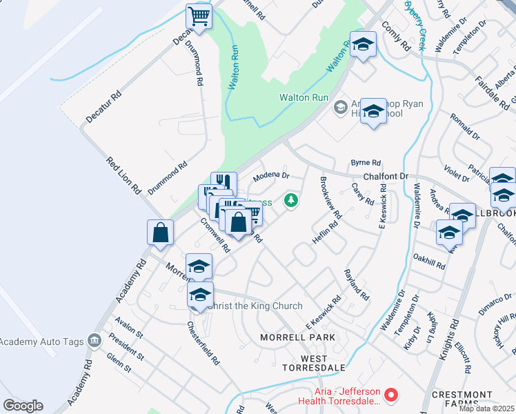 map of restaurants, bars, coffee shops, grocery stores, and more near 10835 Harrow Road in Philadelphia