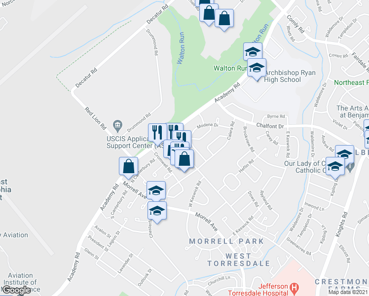 map of restaurants, bars, coffee shops, grocery stores, and more near 10802 Modena Terrace in Philadelphia
