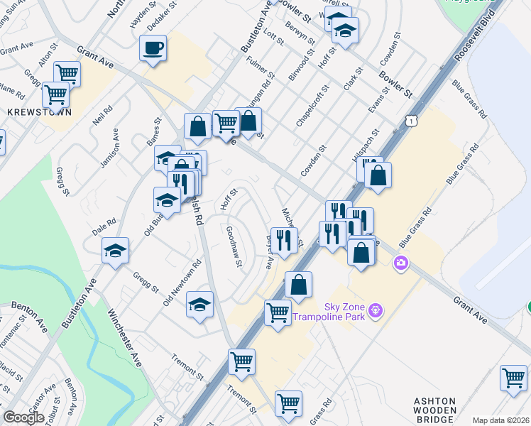 map of restaurants, bars, coffee shops, grocery stores, and more near 2222 Michener Street in Philadelphia