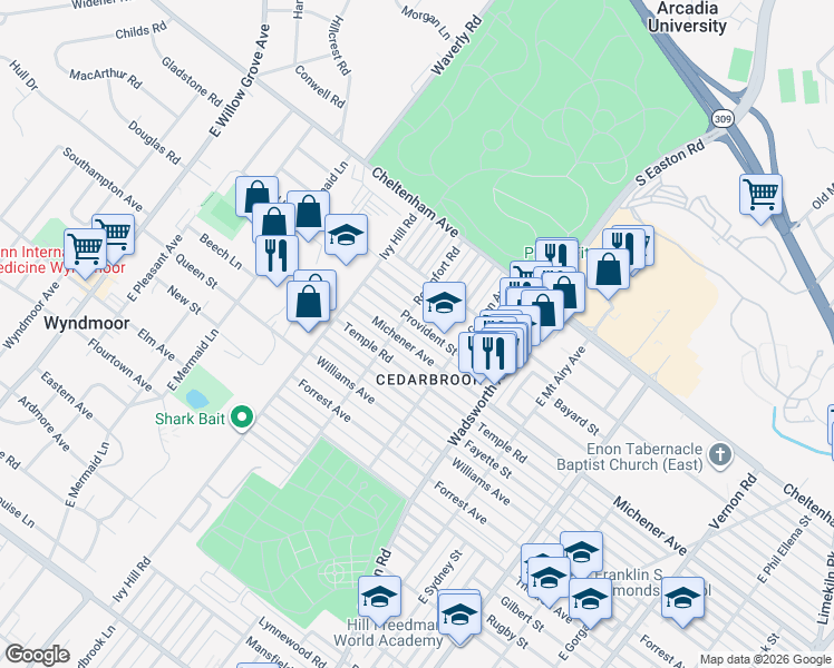 map of restaurants, bars, coffee shops, grocery stores, and more near 8601 Provident Road in Philadelphia