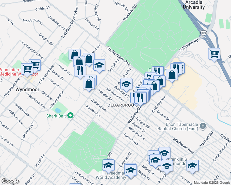 map of restaurants, bars, coffee shops, grocery stores, and more near 8601 Provident Road in Philadelphia