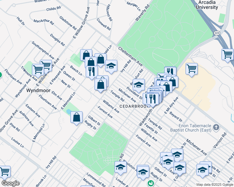 map of restaurants, bars, coffee shops, grocery stores, and more near 8623 Temple Road in Philadelphia