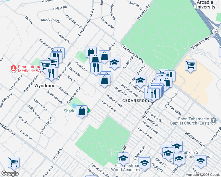 map of restaurants, bars, coffee shops, grocery stores, and more near 8660 Temple Road in Philadelphia