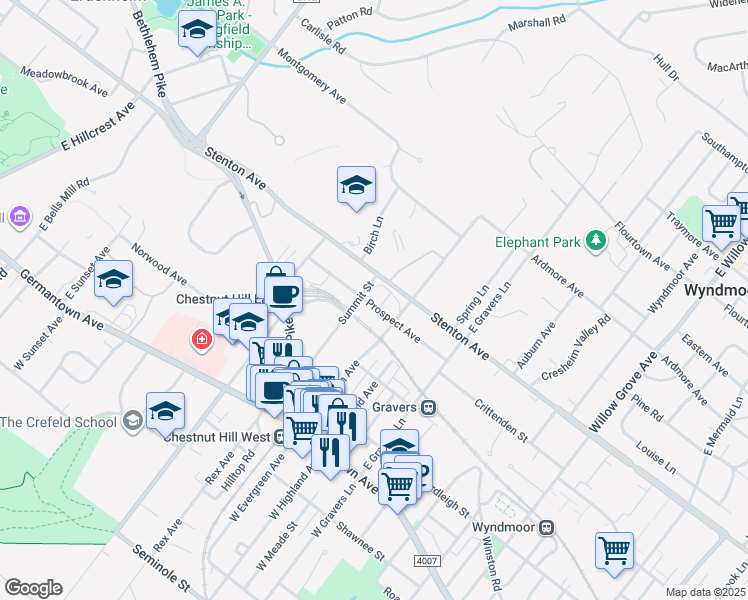 map of restaurants, bars, coffee shops, grocery stores, and more near 109 Summit Street in Philadelphia