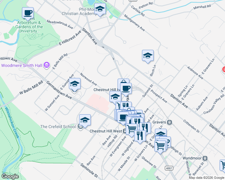 map of restaurants, bars, coffee shops, grocery stores, and more near 141 Bethlehem Pike in Philadelphia