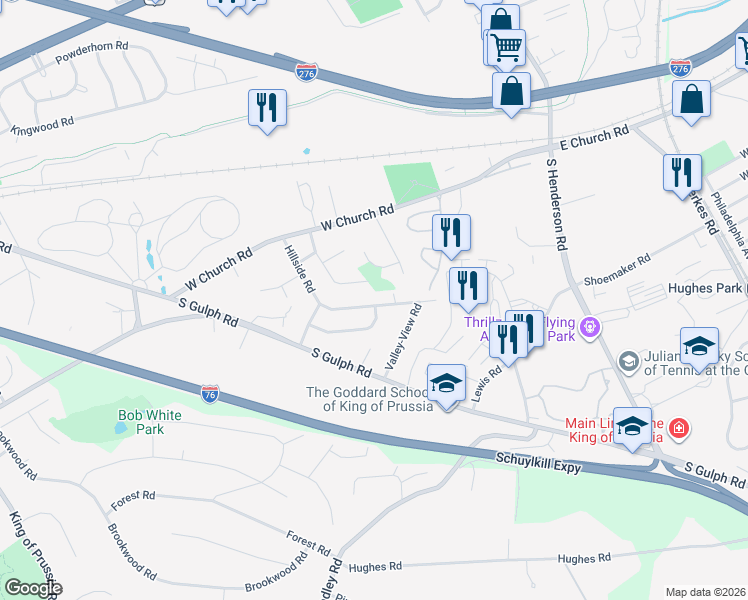 map of restaurants, bars, coffee shops, grocery stores, and more near 453 Gulph Ridge Drive in King of Prussia