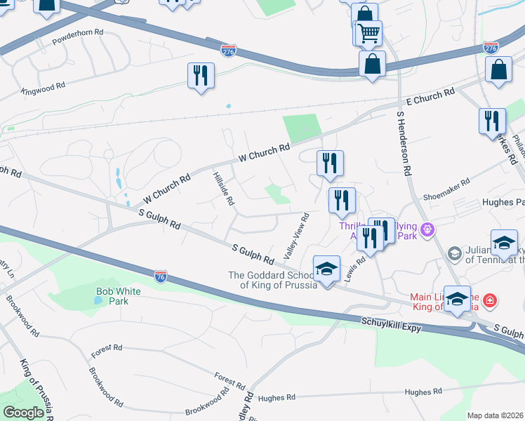 map of restaurants, bars, coffee shops, grocery stores, and more near 400 Lori Lane in King of Prussia