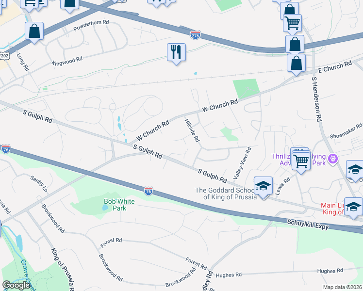 map of restaurants, bars, coffee shops, grocery stores, and more near 485 Grove Lane in King of Prussia