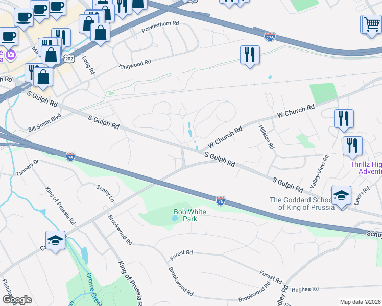 map of restaurants, bars, coffee shops, grocery stores, and more near in King of Prussia