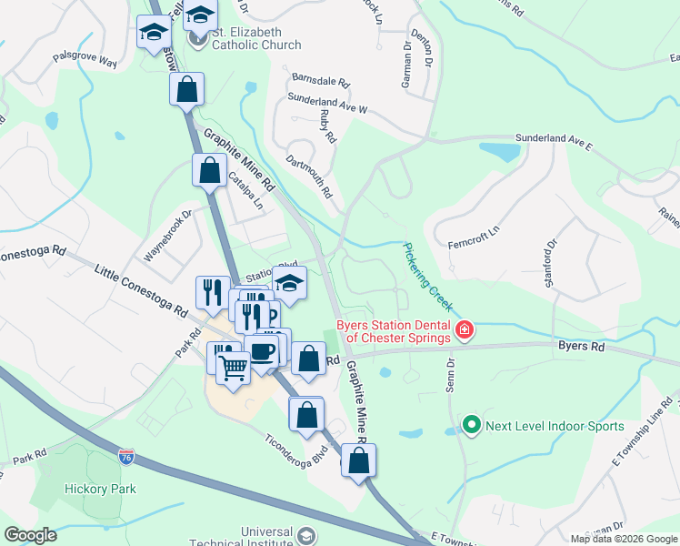 map of restaurants, bars, coffee shops, grocery stores, and more near 213 Flagstone Road in Chester Springs
