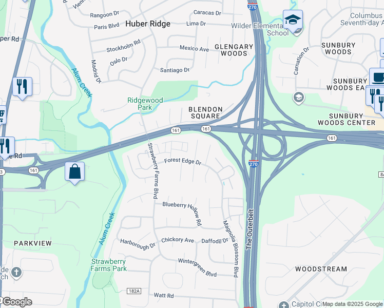 map of restaurants, bars, coffee shops, grocery stores, and more near 5345 Trillium Court in Columbus
