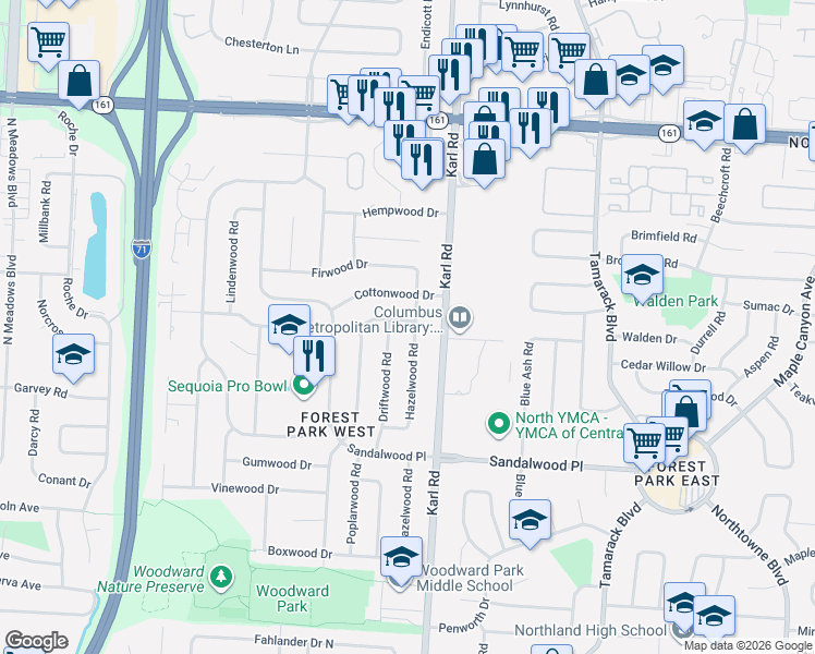 map of restaurants, bars, coffee shops, grocery stores, and more near 5605 Hazelwood Road in Columbus