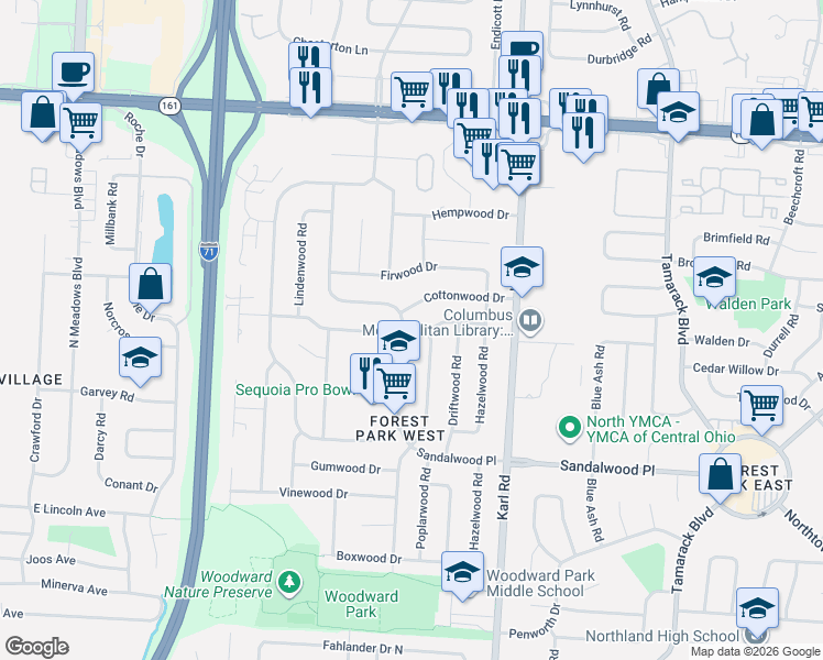 map of restaurants, bars, coffee shops, grocery stores, and more near 1398 Cottonwood Drive in Columbus
