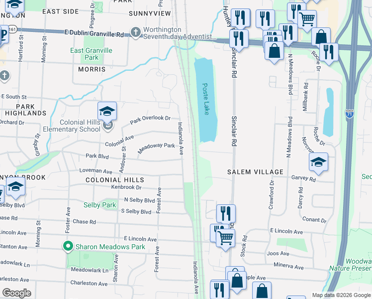 map of restaurants, bars, coffee shops, grocery stores, and more near 5721 Indianola Avenue in Worthington