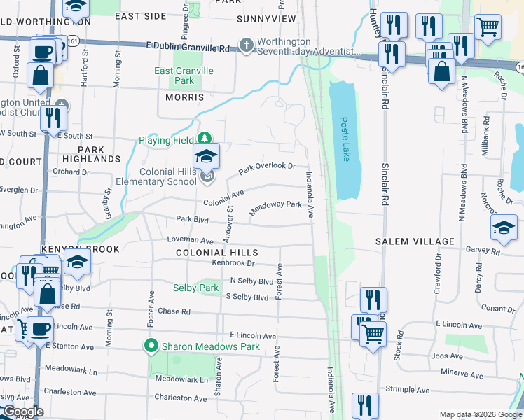 map of restaurants, bars, coffee shops, grocery stores, and more near 471 Colonial Avenue in Worthington