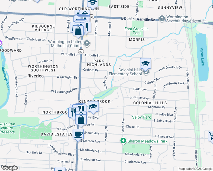 map of restaurants, bars, coffee shops, grocery stores, and more near 5798 Granby Street in Worthington