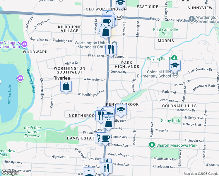 map of restaurants, bars, coffee shops, grocery stores, and more near 27 East Riverglen Drive in Worthington