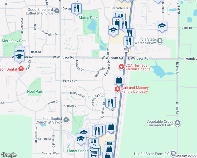 map of restaurants, bars, coffee shops, grocery stores, and more near 2508 Bedford Drive in Champaign