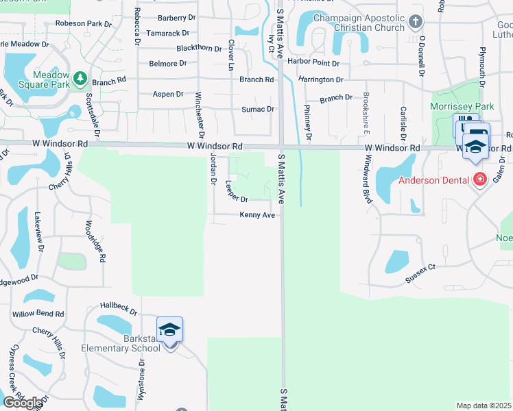 map of restaurants, bars, coffee shops, grocery stores, and more near 2522 Leeper Drive in Champaign