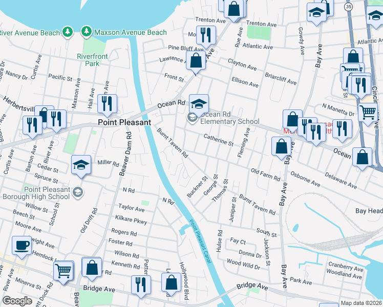 map of restaurants, bars, coffee shops, grocery stores, and more near 1237 John Street in Point Pleasant