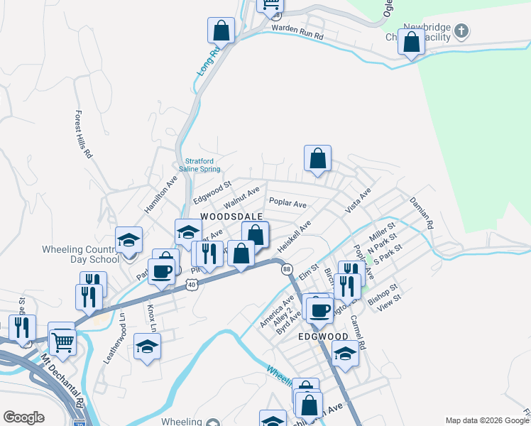 map of restaurants, bars, coffee shops, grocery stores, and more near 41 Walnut Avenue in Wheeling