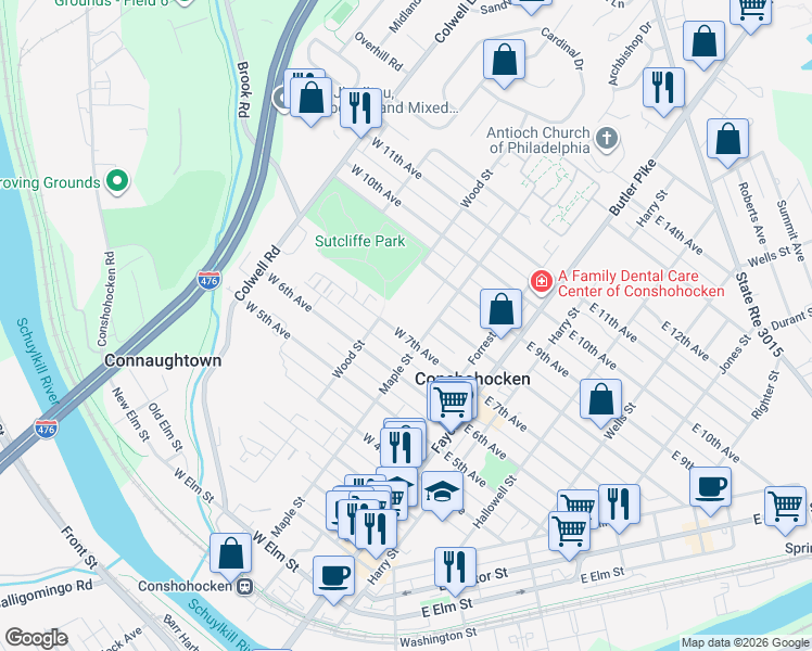 map of restaurants, bars, coffee shops, grocery stores, and more near 236 West 7th Avenue in Conshohocken