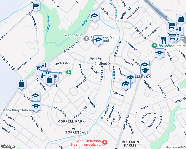 map of restaurants, bars, coffee shops, grocery stores, and more near 10932 Heflin Road in Philadelphia