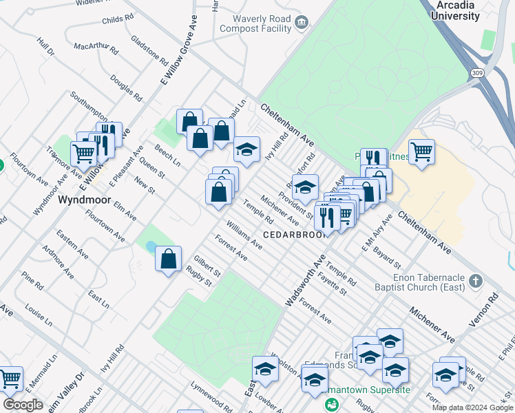 map of restaurants, bars, coffee shops, grocery stores, and more near 8623 Temple Road in Philadelphia
