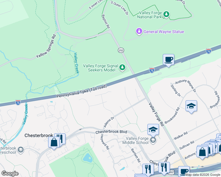 map of restaurants, bars, coffee shops, grocery stores, and more near 213 Lafayette Lane in Chesterbrook