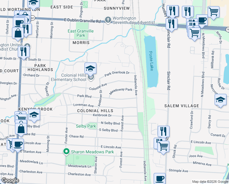 map of restaurants, bars, coffee shops, grocery stores, and more near 471 Colonial Avenue in Worthington