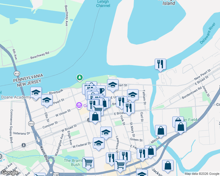 map of restaurants, bars, coffee shops, grocery stores, and more near 213 East Pearl Street in Burlington