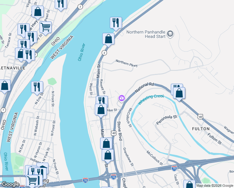map of restaurants, bars, coffee shops, grocery stores, and more near 53 Mount Wood Road in Wheeling