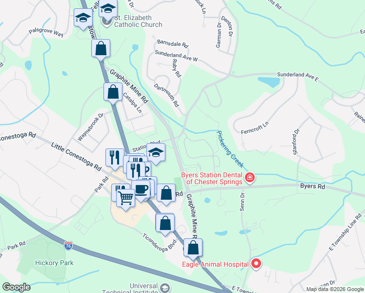 map of restaurants, bars, coffee shops, grocery stores, and more near 45 Granite Lane in Chester Springs