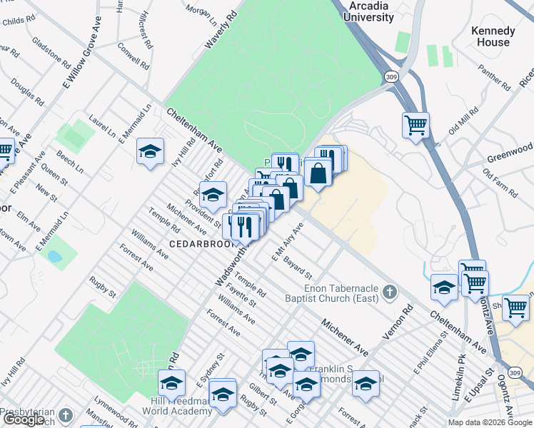 map of restaurants, bars, coffee shops, grocery stores, and more near 1607 Wadsworth Avenue in Philadelphia