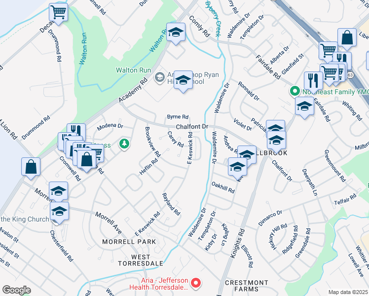 map of restaurants, bars, coffee shops, grocery stores, and more near 10927 Carey Terrace in Philadelphia