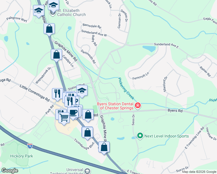 map of restaurants, bars, coffee shops, grocery stores, and more near 239 Flagstone Road in Chester Springs