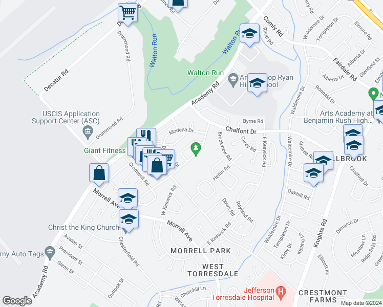 map of restaurants, bars, coffee shops, grocery stores, and more near 10806 Calera Road in Philadelphia