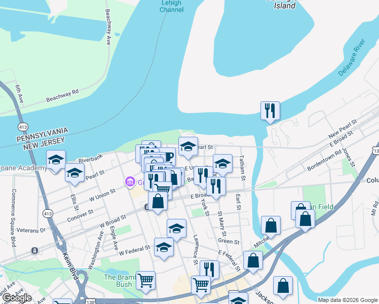 map of restaurants, bars, coffee shops, grocery stores, and more near 213 East Pearl Street in Burlington