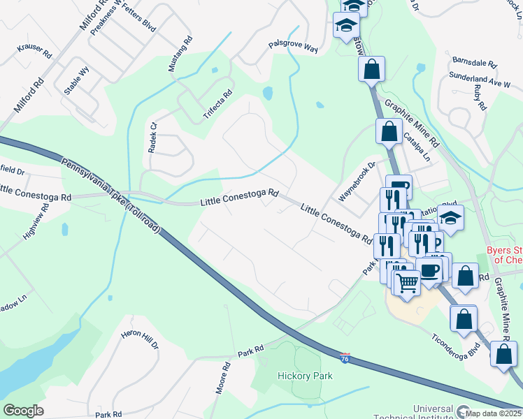 map of restaurants, bars, coffee shops, grocery stores, and more near 311 Little Conestoga Road in Downingtown