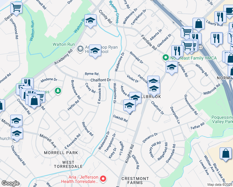 map of restaurants, bars, coffee shops, grocery stores, and more near 11073 Waldemire Drive in Philadelphia