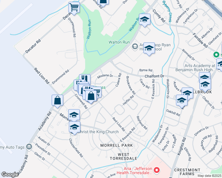 map of restaurants, bars, coffee shops, grocery stores, and more near 10806 Calera Road in Philadelphia