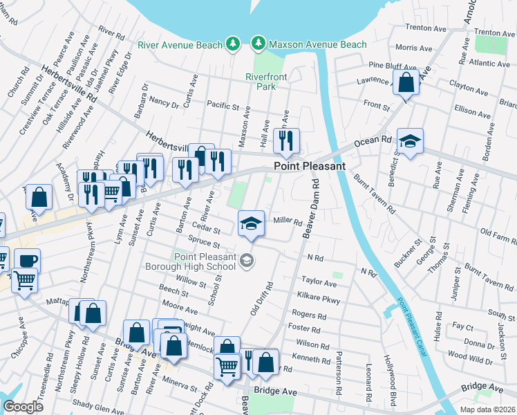 map of restaurants, bars, coffee shops, grocery stores, and more near 717 Oakwood Road in Point Pleasant