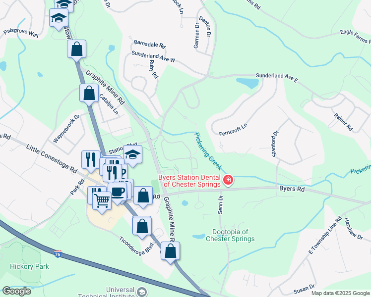 map of restaurants, bars, coffee shops, grocery stores, and more near 234 Flagstone Road in Chester Springs