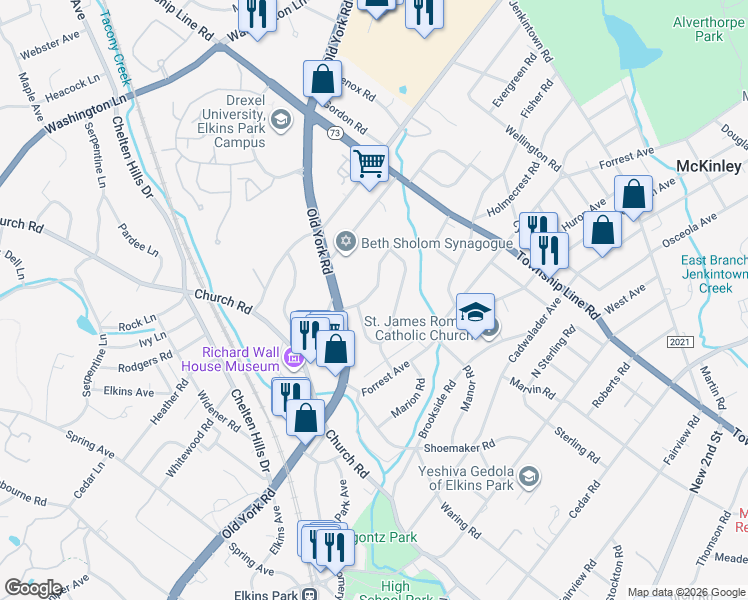 map of restaurants, bars, coffee shops, grocery stores, and more near 640 Green Briar Road in Elkins Park