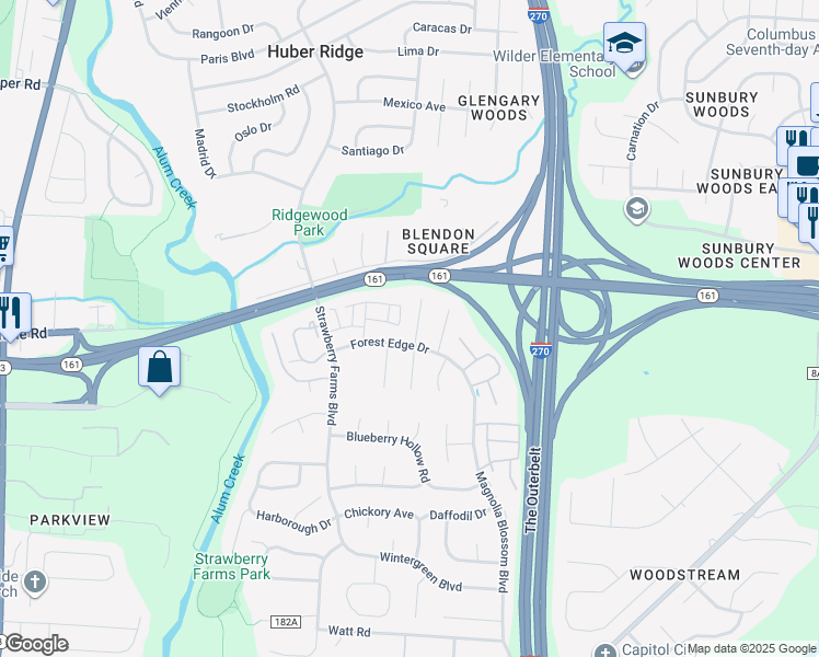 map of restaurants, bars, coffee shops, grocery stores, and more near 5345 Trillium Court in Columbus