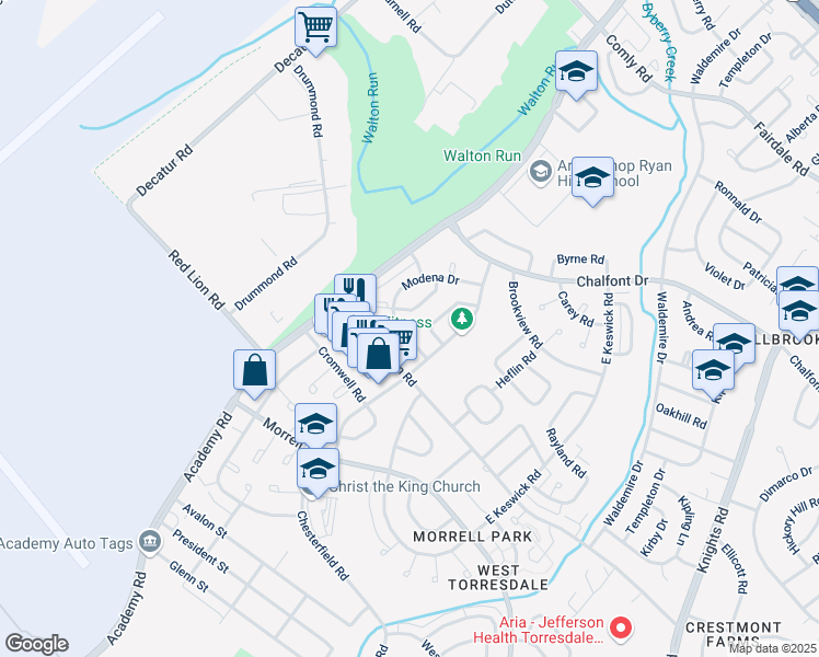 map of restaurants, bars, coffee shops, grocery stores, and more near 10835 Harrow Road in Philadelphia