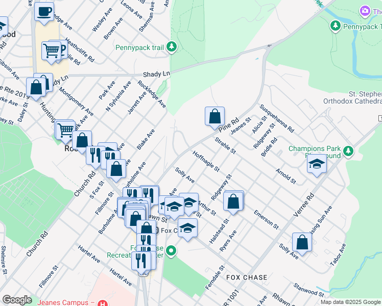 map of restaurants, bars, coffee shops, grocery stores, and more near 8243 Pine Road in Philadelphia