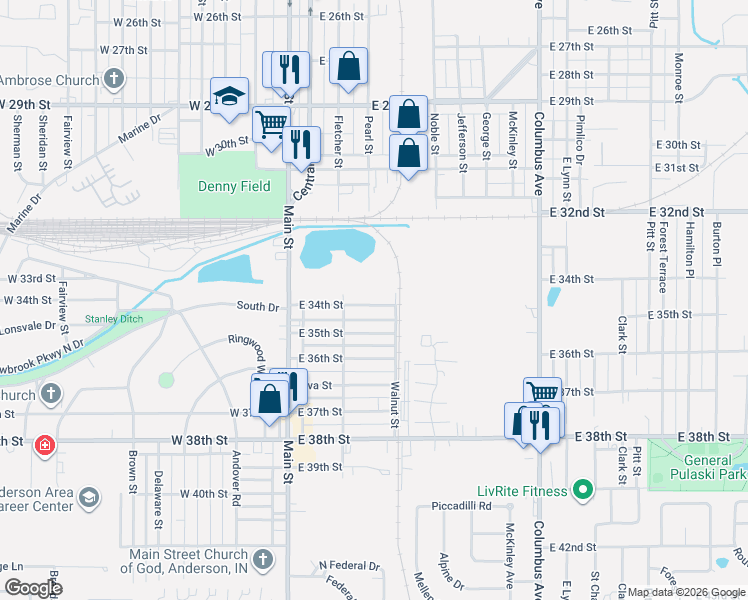 map of restaurants, bars, coffee shops, grocery stores, and more near 400 East 34th Street in Anderson
