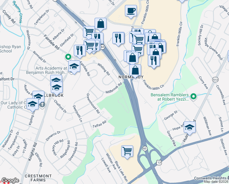 map of restaurants, bars, coffee shops, grocery stores, and more near 12036 Millbrook Road in Philadelphia